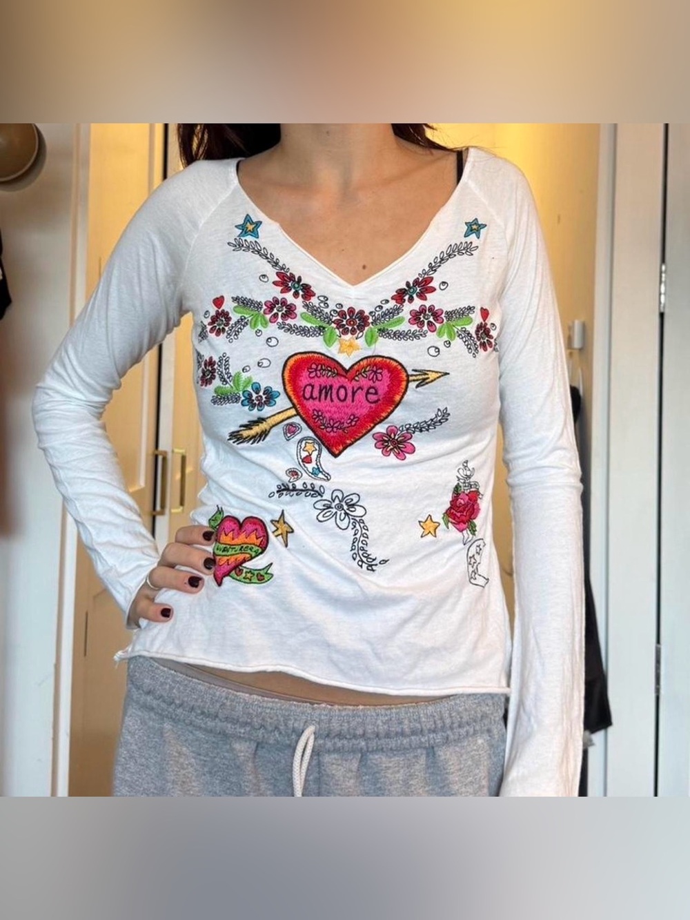 White Long-Sleeve Women's V-Neck Top with Red Heart Embroidery